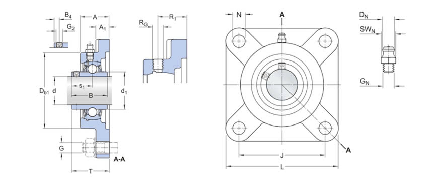 Thiết kế gối đỡ UCF SKF hình vuông với 4 lỗ bu lông